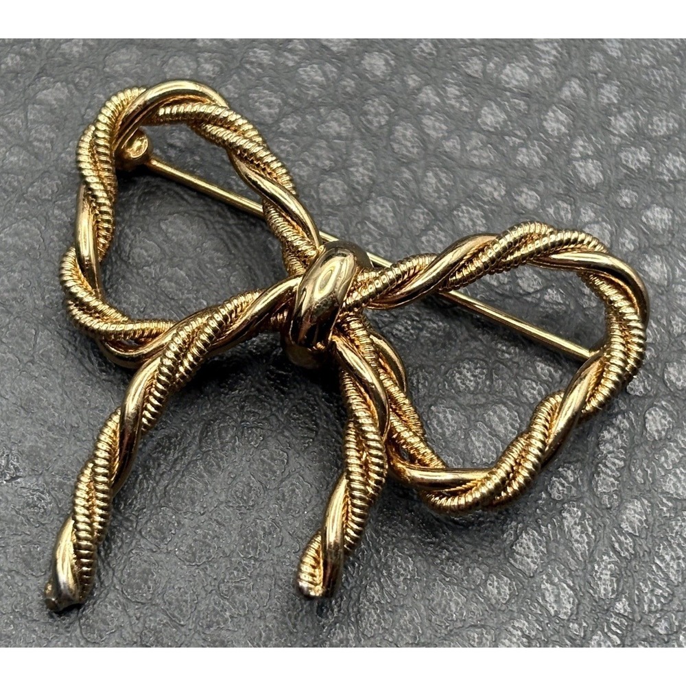 Vintage Napier 80s Textured Rope Bow Brooch Pin Gold Tone